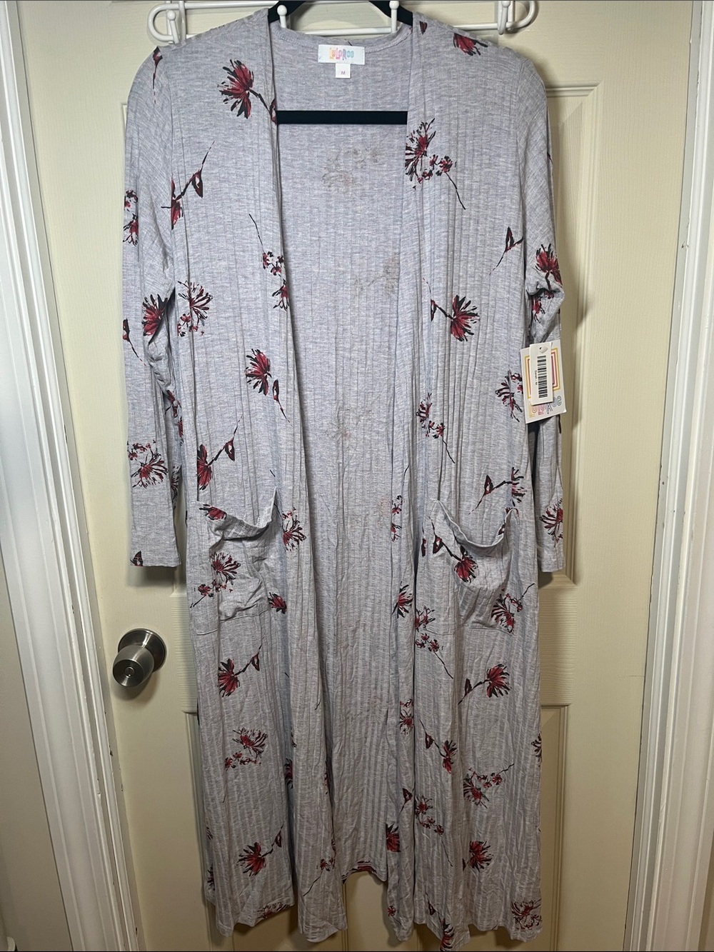 LuLaRoe Light Gray Long Duster Cardigan with Red Floral Print